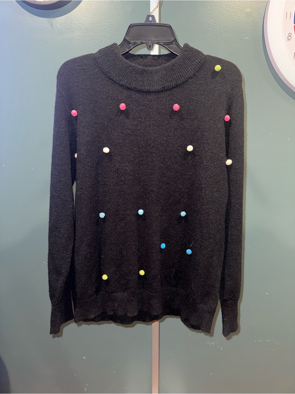 Cato Black Cowl-Neck Sweater with Multicolor Pom Accents